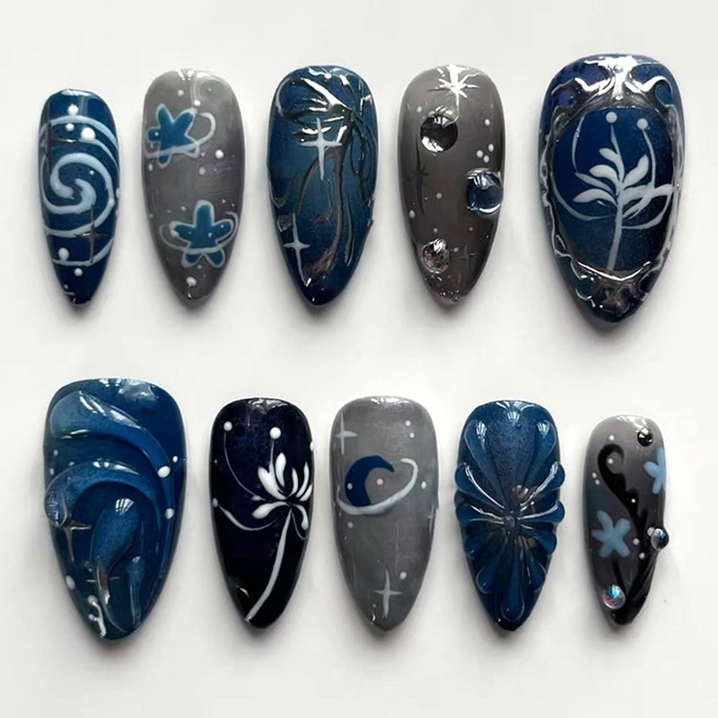 CJDLTS Dark Black Medium Almond Shaped Silver Stripe with Starry Sky Bubble Design Stick on Nails Full Cover Reusable Coffin Press on Nails Artificial Acrylic Fingernails for Women Manicure 24Pcs - Image 1